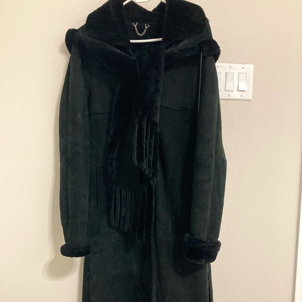 Custom Black Shearling Long Coat Match Hat/Scarf